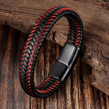 Riolio Leather Rope Bracelet Stainless Steel Leather Braided Bracelet Leather Bracelet Red Bracelet Men's Leather Jewelry